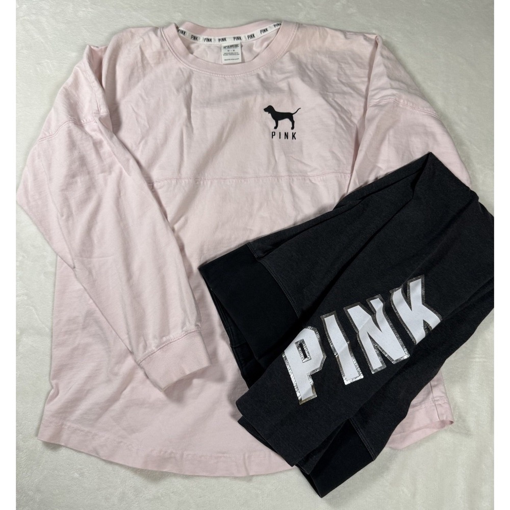 Victoria Secret PINK Set Medium Long Sleeve Shirt Yoga Leggings Logo